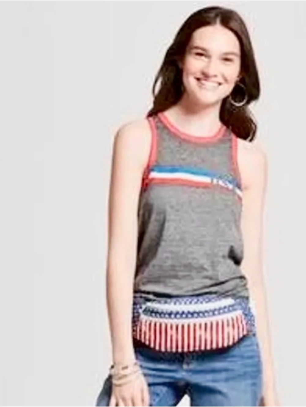 Modern Lux USA Graphic Tank Top Small Gray Red White Blue Patriotic Racerback